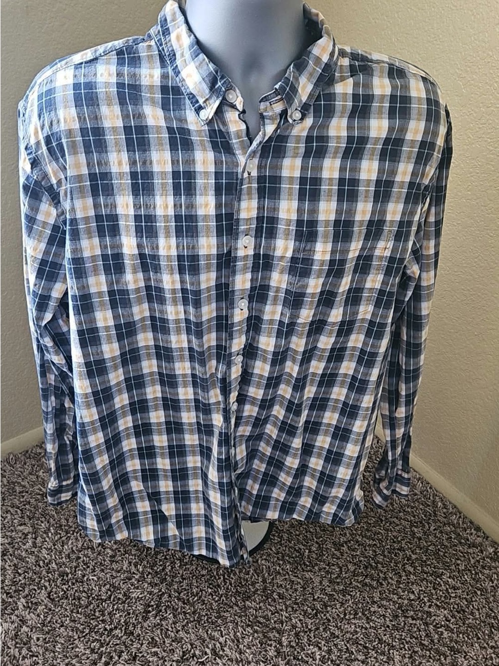 Sonoma Blue, White & Tan Plaid Button-Down Shirt